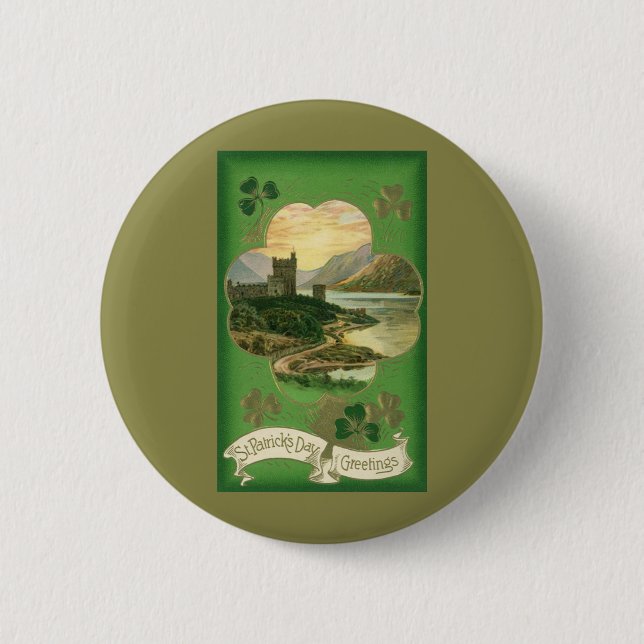 Vintage St. Patricks Day Greetings Shamrock Castle Button (Front)