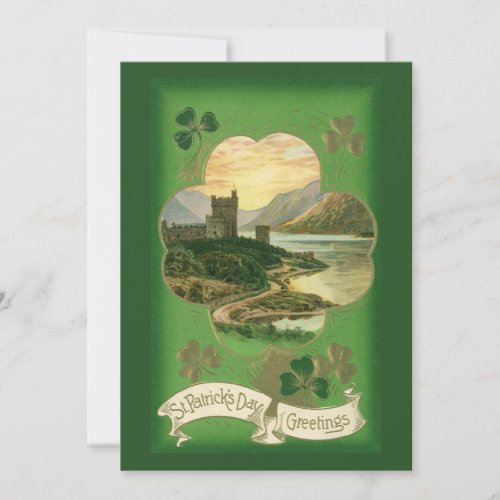 Vintage St Patricks Day Greetings Shamrock Castle Card