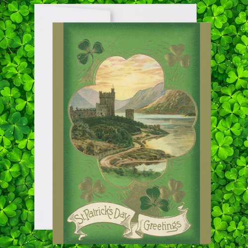Vintage St Patricks Day Greetings Shamrock Castle Card