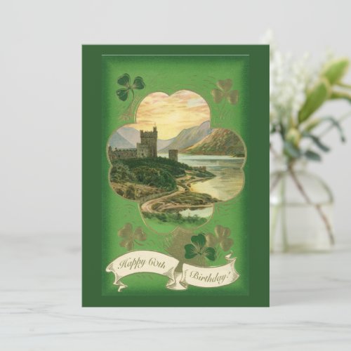 Vintage St Patricks Day Greetings Shamrock Castle Card