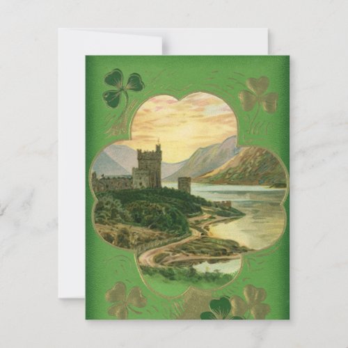 Vintage St Patricks Day Greetings Shamrock Castle Card