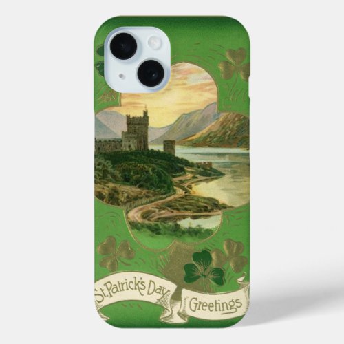 Vintage St Patricks Day Greetings Shamrock Castle iPhone 15 Case