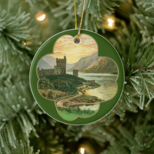 Vintage St Patricks Day Greetings Shamrock Castle Ceramic Ornament