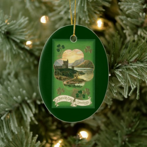 Vintage St Patricks Day Greetings Shamrock Castle Ceramic Ornament