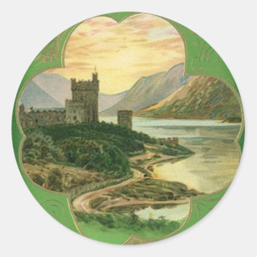 Vintage St Patricks Day Greetings Shamrock Castle Classic Round Sticker