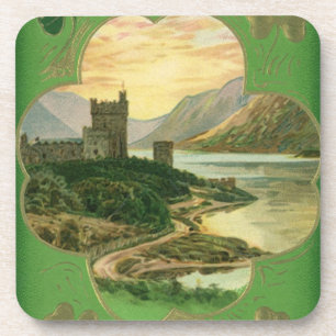 Vintage St. Patricks Day Greetings Shamrock Castle Coaster