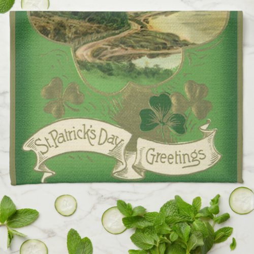 Vintage St Patricks Day Greetings Shamrock Castle Kitchen Towel