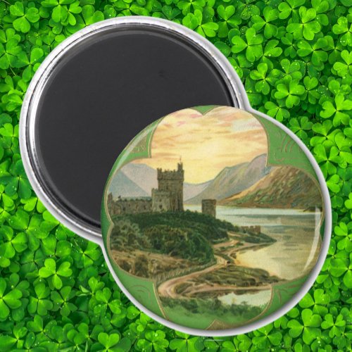 Vintage St Patricks Day Greetings Shamrock Castle Magnet