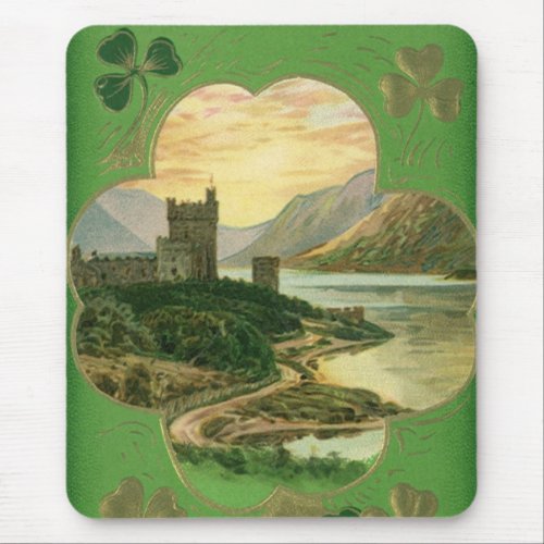 Vintage St Patricks Day Greetings Shamrock Castle Mouse Pad