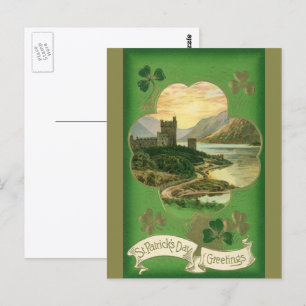 Vintage St. Patricks Day Greetings Shamrock Castle Postcard
