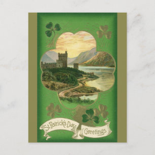 Vintage St. Patricks Day Greetings Shamrock Castle Postcard