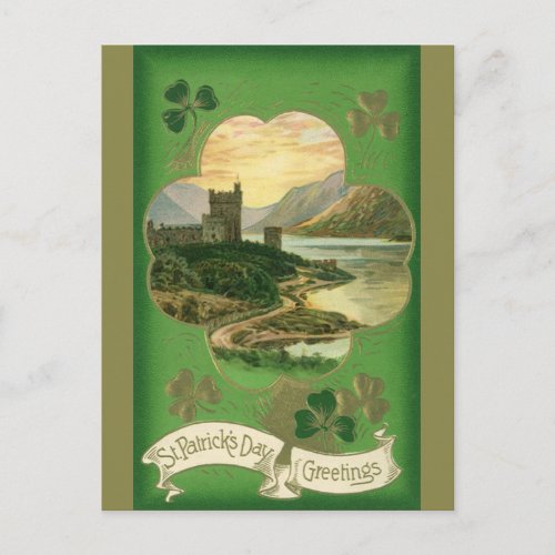 Vintage St Patricks Day Greetings Shamrock Castle Postcard