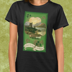 Vintage St. Patricks Day Greetings Shamrock Castle T-Shirt