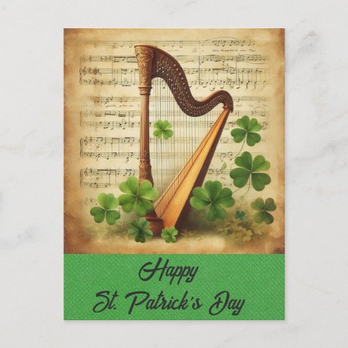 Vintage St Patricks Day Harp Shamrock Irish Music Postcard