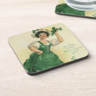 Vintage St. Patrick's Day Irish Lass with Clovers Beverage Coaster