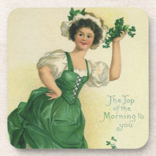 Vintage St. Patrick's Day Irish Lass with Clovers Beverage Coaster