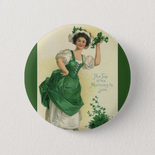 Vintage St Patricks Day Irish Lass with Clovers Button