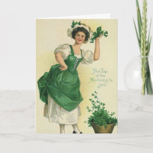 Vintage St Patricks Day Irish Lass with Clovers Card