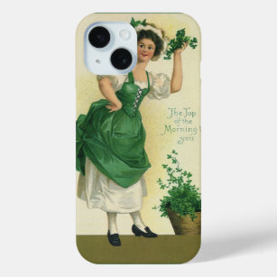 Vintage St. Patrick's Day Irish Lass with Clovers iPhone 15 Case