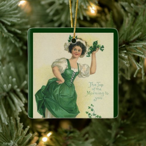 Vintage St Patricks Day Irish Lass with Clovers Ceramic Ornament