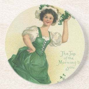 Vintage St. Patrick's Day Irish Lass with Clovers Coaster