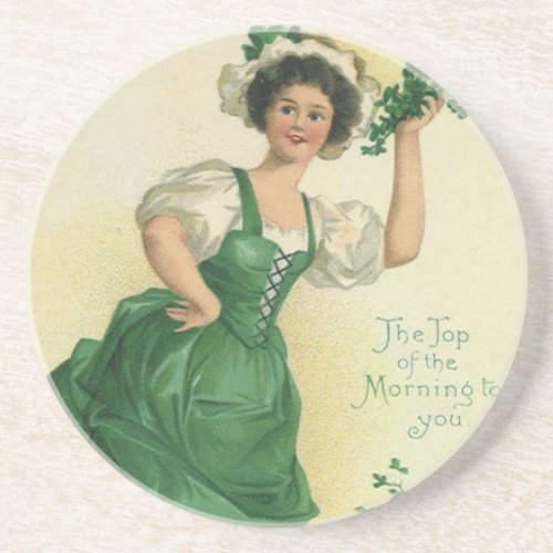 Vintage St Patricks Day Irish Lass with Clovers Coaster