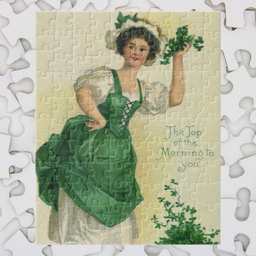 Vintage St Patricks Day Irish Lass with Clovers Jigsaw Puzzle