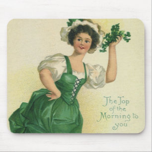 Vintage St. Patrick's Day Irish Lass with Clovers Mouse Pad