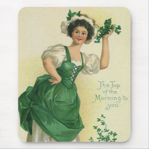 Vintage St Patricks Day Irish Lass with Clovers Mouse Pad