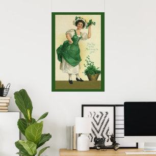 Vintage St. Patrick's Day Irish Lass with Clovers Poster