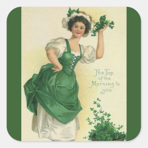 Vintage St Patricks Day Irish Lass with Clovers Square Sticker