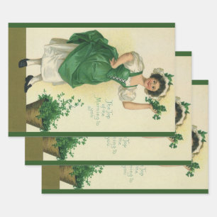 Vintage St. Patrick's Day Irish Lass with Clovers Wrapping Paper Sheets