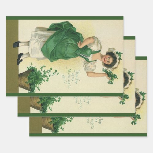 Vintage St Patricks Day Irish Lass with Clovers Wrapping Paper Sheets