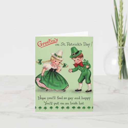 Vintage St Patricks Day Kids Wearing Irish Hat Card