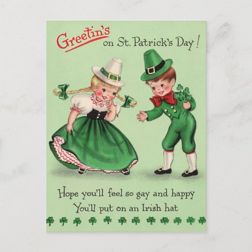 Vintage St Patricks Day Kids Wearing Irish Hat Postcard