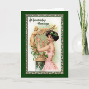 Vintage St. Patrick's Day Lady and Harp Card