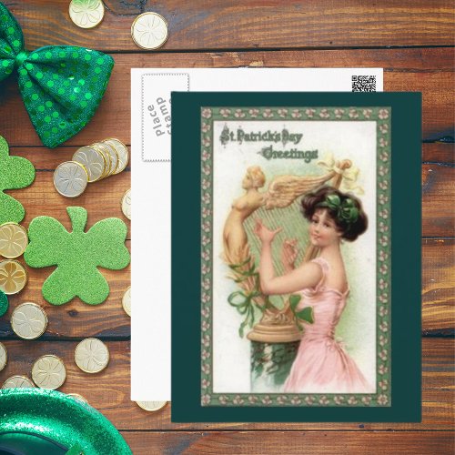 Vintage St Patricks Day Lady and Harp Postcard
