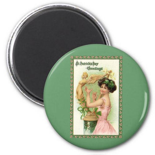 Vintage St Patricks Day Lady Music Musician Harp Magnet