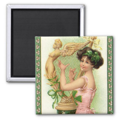 Vintage St Patricks Day Lady Music Musician Harp Magnet