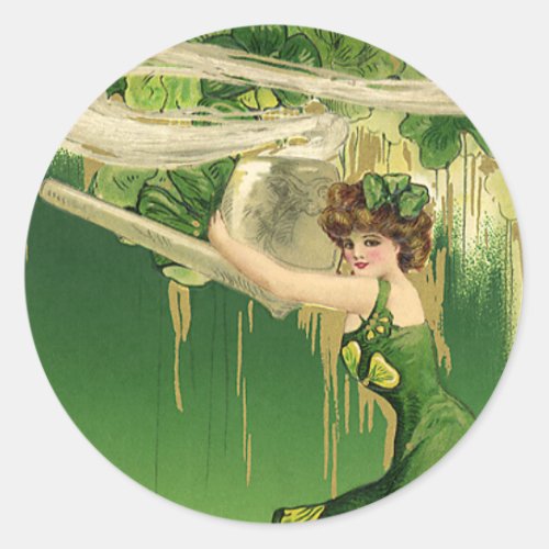 Vintage St Patricks Day Lady Pipe Smoke Swirls Classic Round Sticker