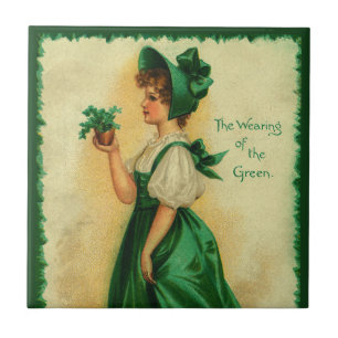 Vintage St. Patrick's Day Lass Wearing Green Ceramic Tile
