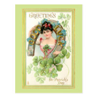 Vintage St. Patrick's Day Lassie with Horseshoe Postcard