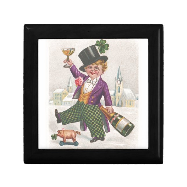 Vintage St Patricks Day Shamrock Champagne Jewelry Box (Front)