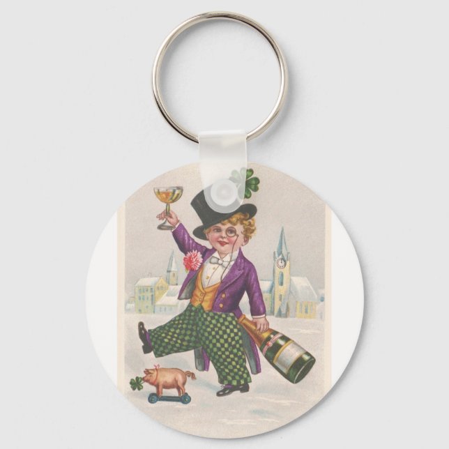 Vintage St Patricks Day Shamrock Champagne Keychain (Front)