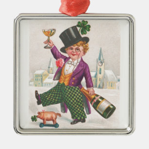 Vintage St Patricks Day Shamrock Champagne Metal Ornament