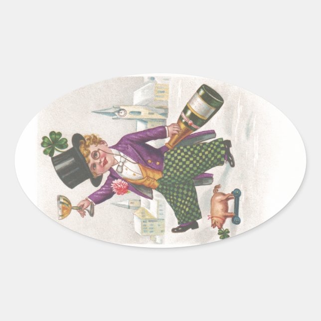 Vintage St Patricks Day Shamrock Champagne Oval Sticker (Front)