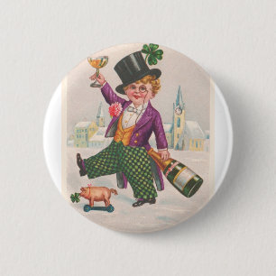 Vintage St Patricks Day Shamrock Champagne Pinback Button