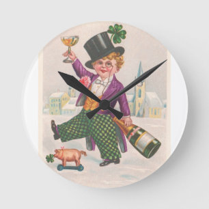 Vintage St Patricks Day Shamrock Champagne Round Clock