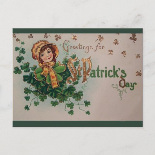 Vintage St Patricks Day Shamrocks and Irish Lass Postcard