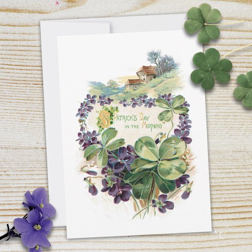 Vintage St Patricks Day Shamrocks  Violets Holiday Card